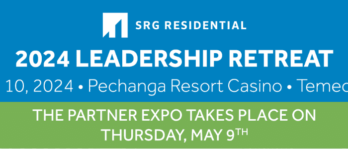 Banner for SRG Residential 2024 Leadership Retreat in Temecula, detailing dates and event at Pechanga Resort.