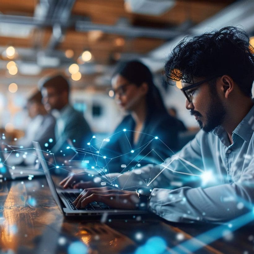 Busy multicultural enterprise employees sitting at desks working on computers in modern office rush,businessmen in office hand working on laptop computer with financial business,